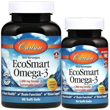 Carlson Labs Smart Omega-3, 1000mg Natural Lemon - 90 + 30 softgels