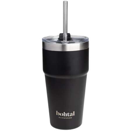 SmartShake Bohtal Double Insulated Travel Mug with Straw, Black - 600ml.