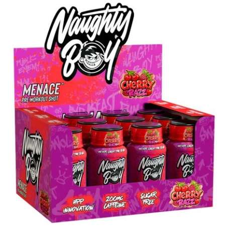 Naughty Boy Menace Pre-Workout Shot, Cherry Razz - 12 x 60 ml.