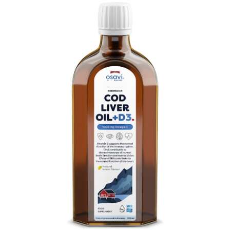 Osavi Norwegian Cod Liver Oil + D3, 1000mg Omega 3 (Lemon) - 250 ml.